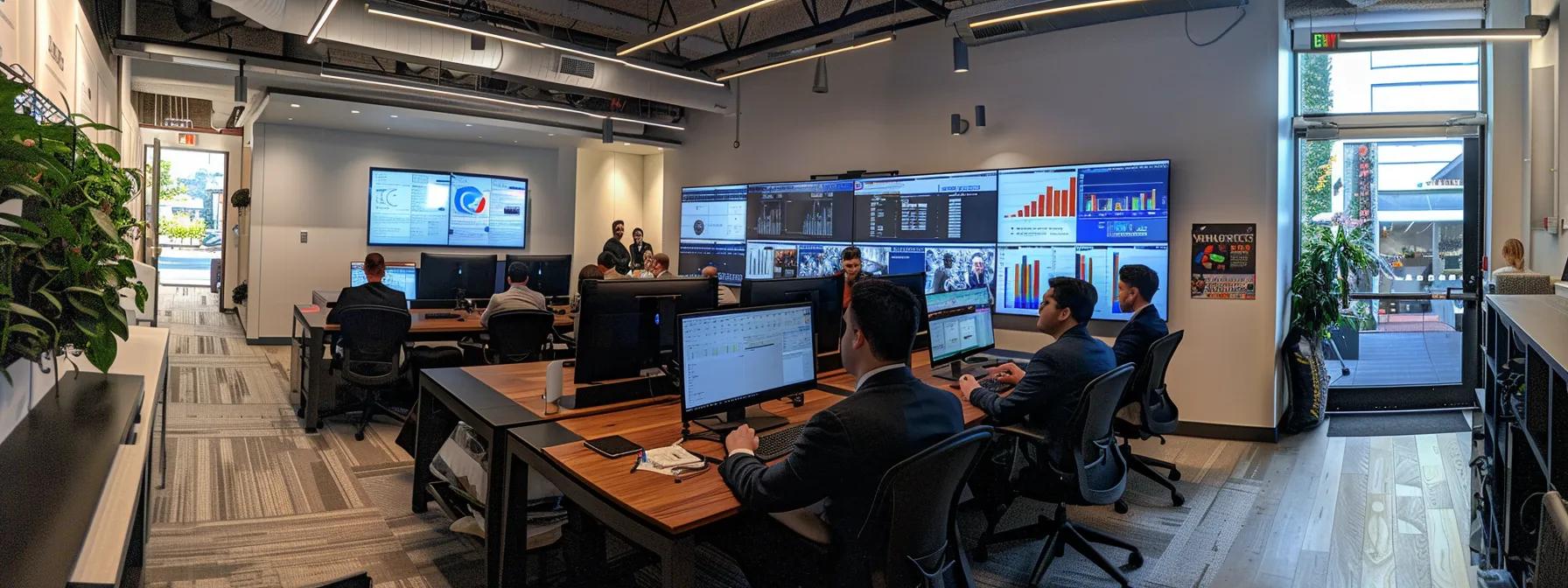 a sleek, modern office space showcases a diverse team of seo experts collaborating around a digital interface, surrounded by monitors displaying data visualizations and resource guides, emphasizing a vibrant atmosphere of professional support and innovation in digital marketing.