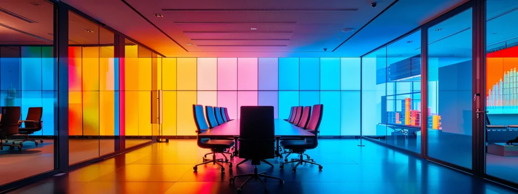 a sleek, modern office space illuminated by dynamic led screens displaying colorful seo analytics and automation tools, symbolizing a cutting-edge approach to digital marketing strategies.