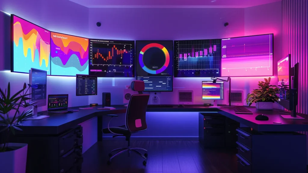 a dynamic workspace filled with sleek digital screens displaying vibrant graphs and data analytics, illuminated by soft ambient lighting, capturing the innovative spirit of a young seo expert strategizing for online success.