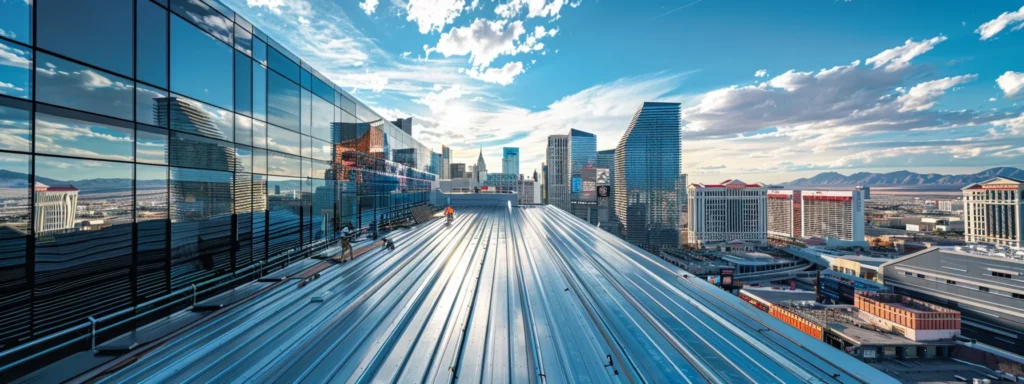 a dynamic urban skyline captures skilled roofing professionals diligently installing a sleek zinc metal roof on a commercial building, highlighting their precise craftsmanship against the backdrop of bustling las vegas.