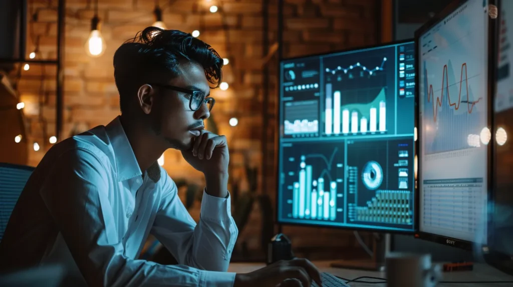 a dynamic and modern workspace featuring manick bhan deep in thought, illuminated by a softly glowing screen displaying analytical graphs and seo tools, capturing the essence of innovation and expertise in optimizing website performance.