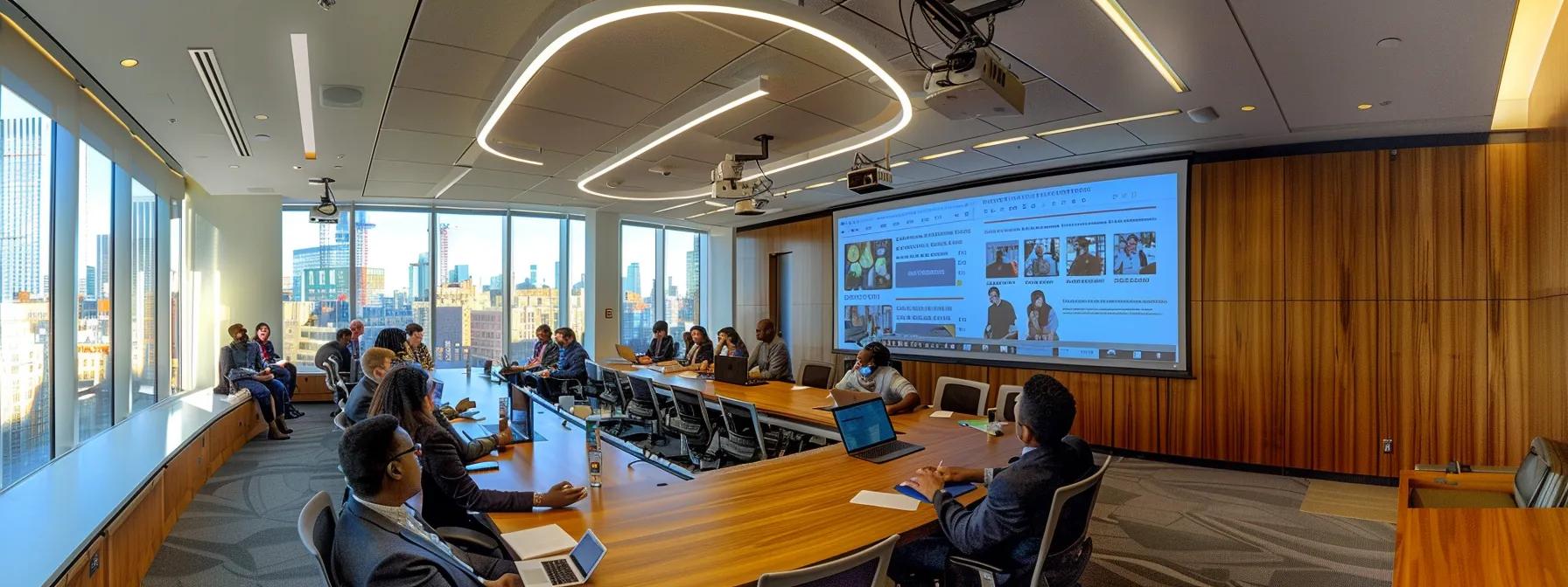 a sleek, modern conference room features a large screen displaying a side-by-side comparison of organic and paid search attributes, emphasized with dynamic visuals and data analytics, while a diverse group of professionals collaboratively strategizes around a polished wooden table.