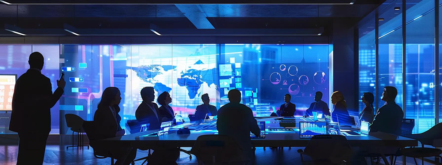 a visually compelling office scene features a diverse team of professionals engaged in a dynamic discussion around a sleek conference table, with digital charts displaying organic vs. paid search effectiveness projected on a high-tech screen, conveying the strategic interplay between long-term brand authority and immediate roi.