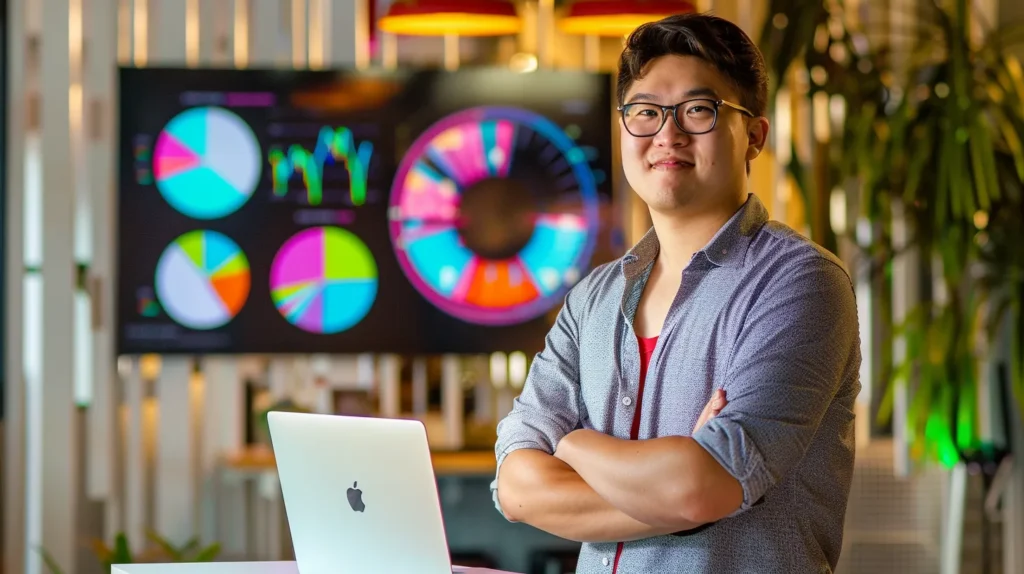 a confident young entrepreneur standing beside a laptop adorned with analytics graphs, showcasing the transformative power of free seo tools for small business growth against a backdrop of vibrant digital marketing icons.