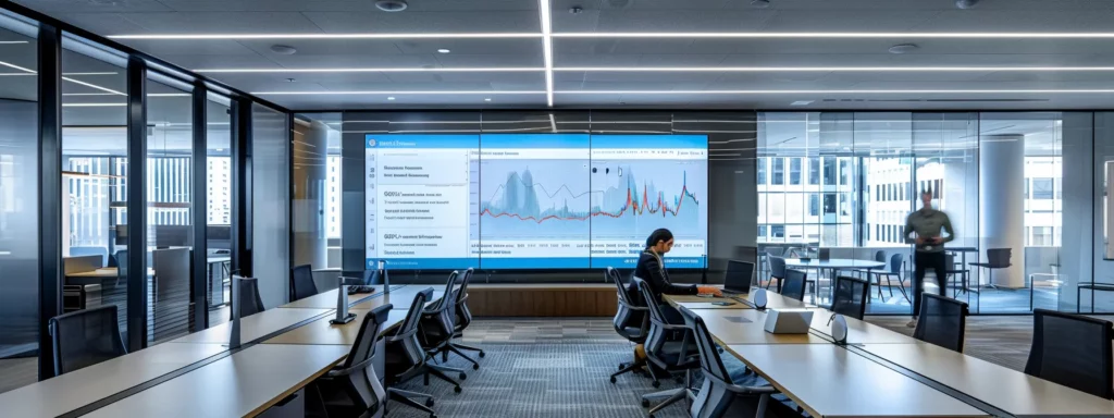 a sleek, modern office space features a large digital screen displaying a dynamic dashboard of ai-driven seo analytics, highlighting impressive ranking improvements, with a focused professional analyzing the data intently in the foreground.
