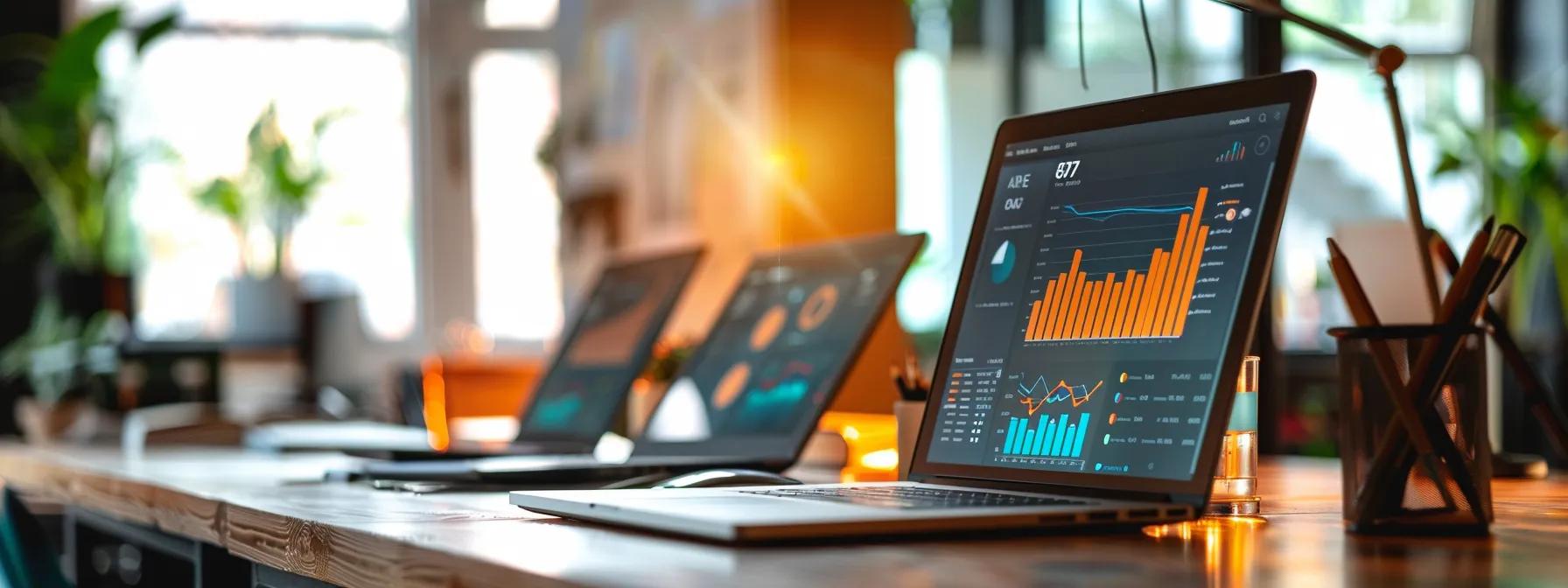 a sleek, modern office workspace is filled with multiple open laptops and digital dashboards displaying search optimization data, highlighting inefficient keyword strategies and analytics graphs, under stark artificial lighting that emphasizes the urgency and precision of digital marketing efforts.