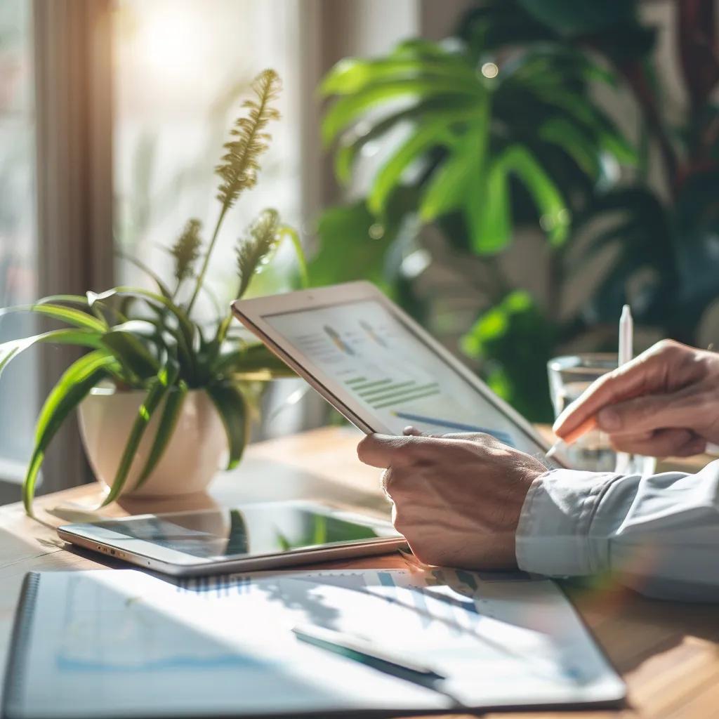 Person reviewing cryptocurrency investment strategies on a tablet in a calm workspace