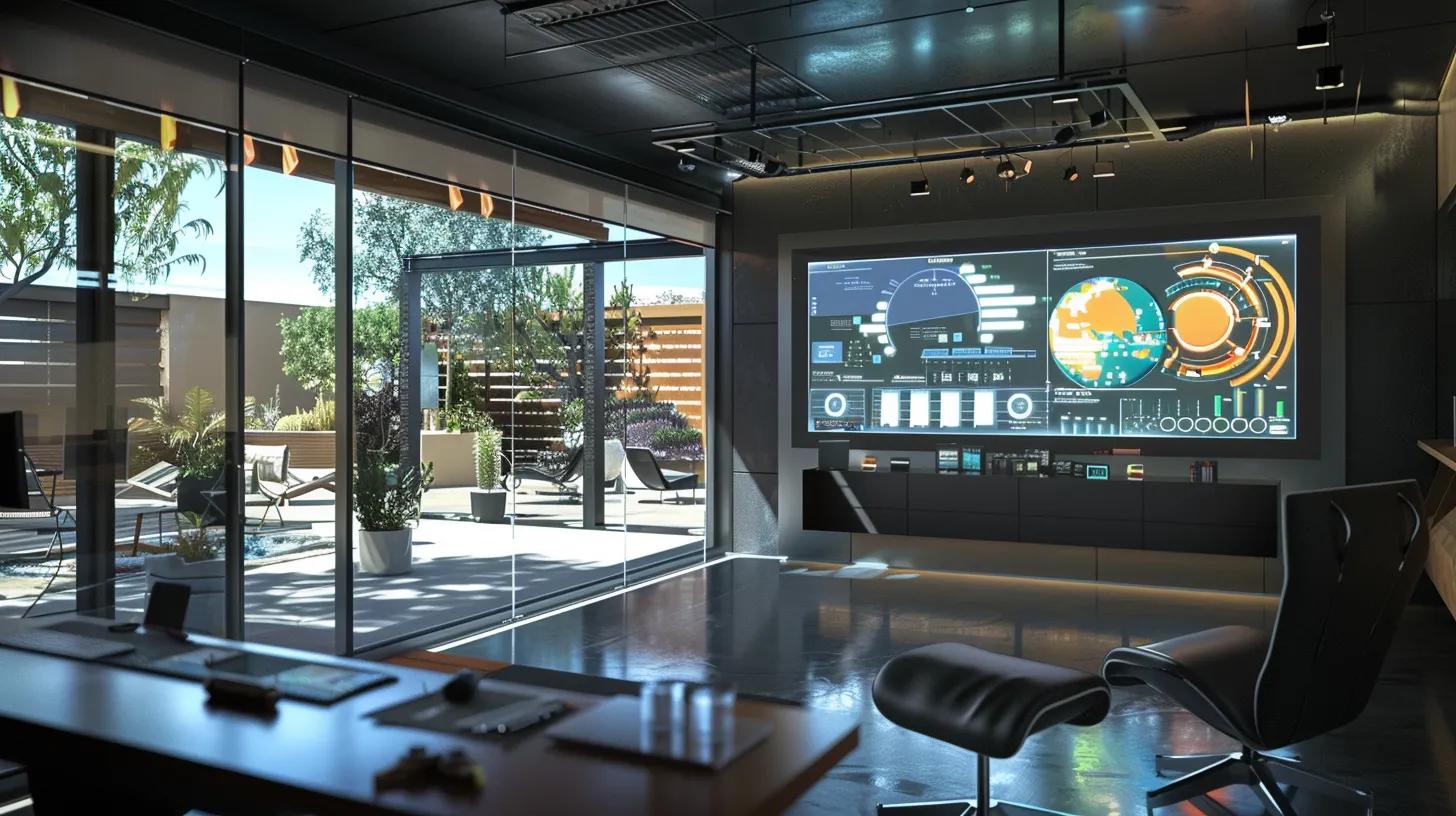 a sleek, modern roofing contractor&rsquo;s office features a large screen displaying a vivid infographic on roof preparation for extreme las vegas weather, surrounded by tools and materials for inspections and repairs.
