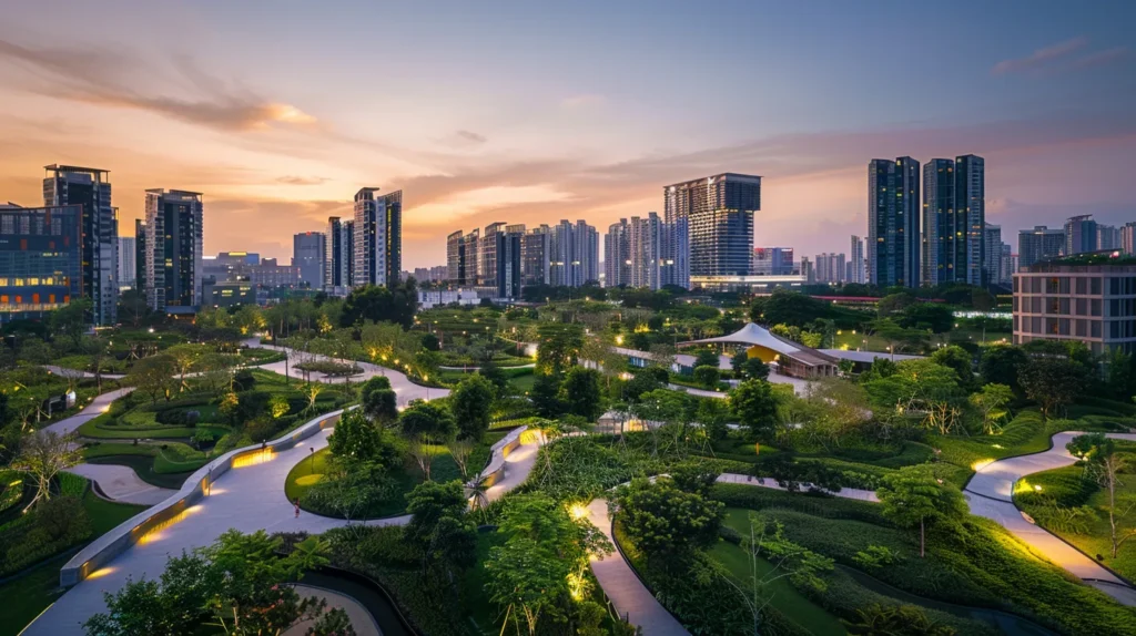a vibrant urban landscape showcases lush greenery interspersed with innovative smart buildings, illuminated by soft sunset light, symbolizing the harmony of sustainability and technology in modern city planning.