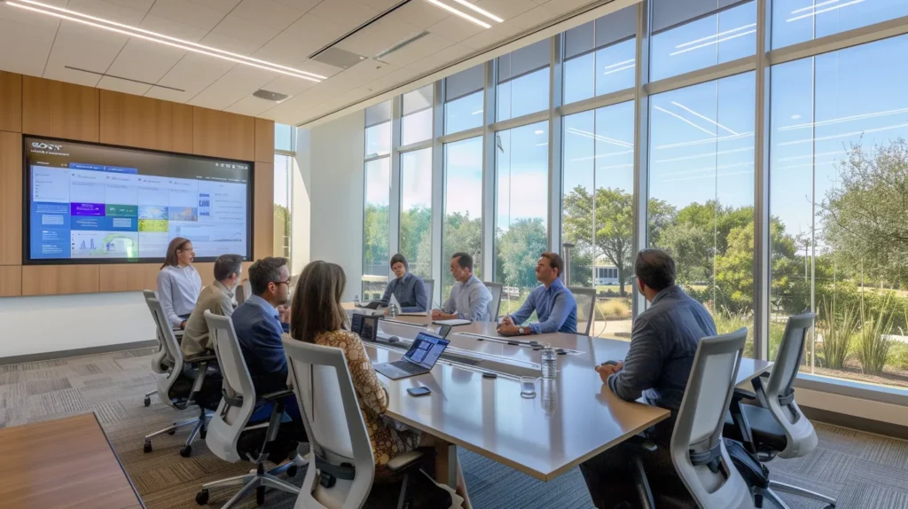 a sleek, modern office space with large panoramic windows showcases a group of engaged professionals gathered around a polished conference table, deep in discussion with vibrant digital presentations illuminating the backdrop.