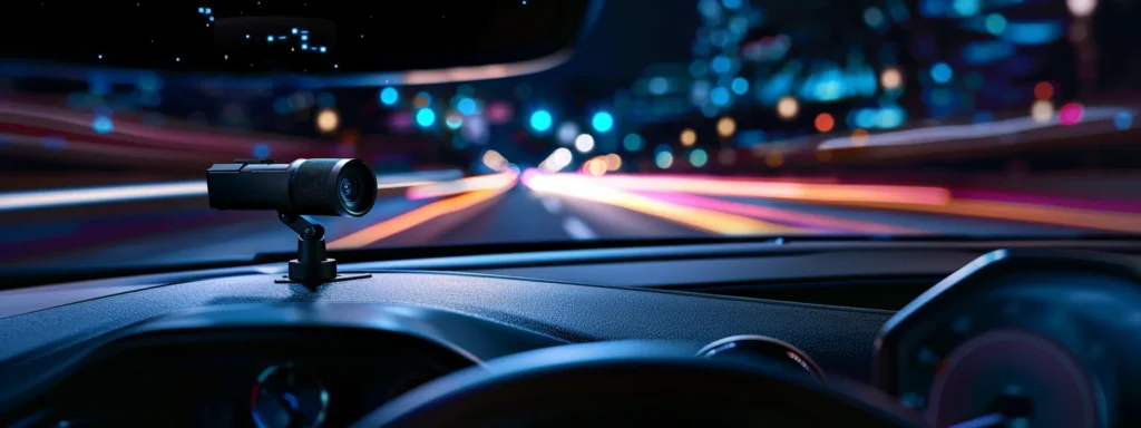 a sleek, modern dash cam mounted on a car dashboard, capturing crystal-clear footage of the road ahead at night with impeccable clarity.