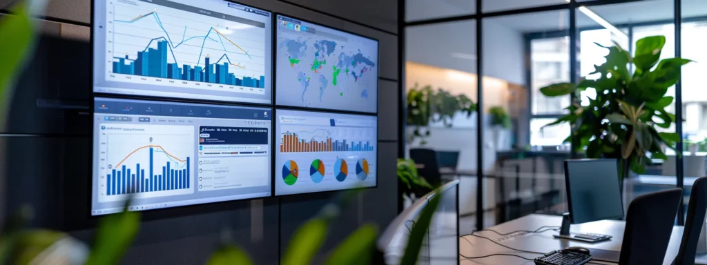 a sleek, modern office workspace features a large digital display showcasing dynamic graphs and analytics, emphasizing a powerful seo platform designed for businesses of all sizes, illuminated by vibrant, hip lighting that highlights the theme of intelligent automation and customized solutions.