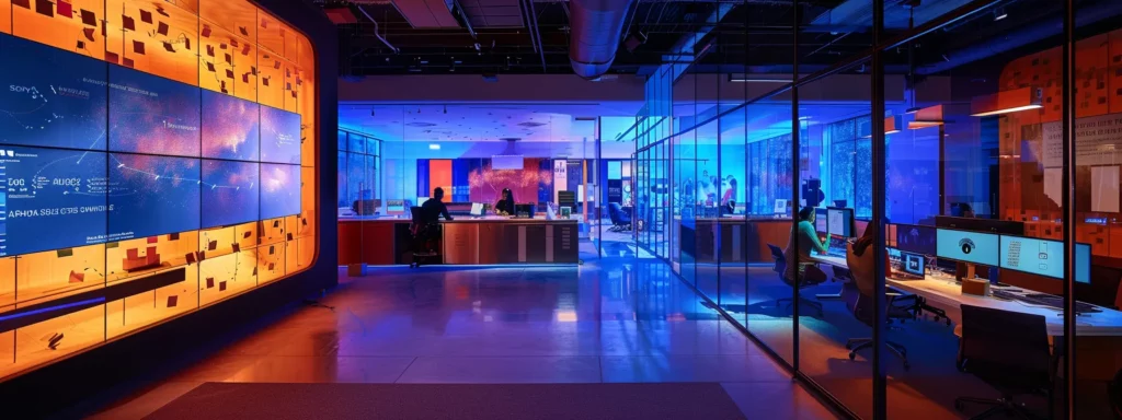 a sleek, modern office space buzzes with energy as diverse professionals engage in collaborative brainstorming, vibrant sticky notes and digital screens illuminating the room's dynamic atmosphere.