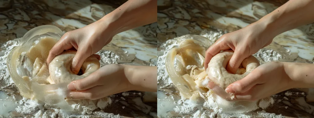 a pair of hands expertly kneading donut dough, creating a smooth and elastic consistency.
