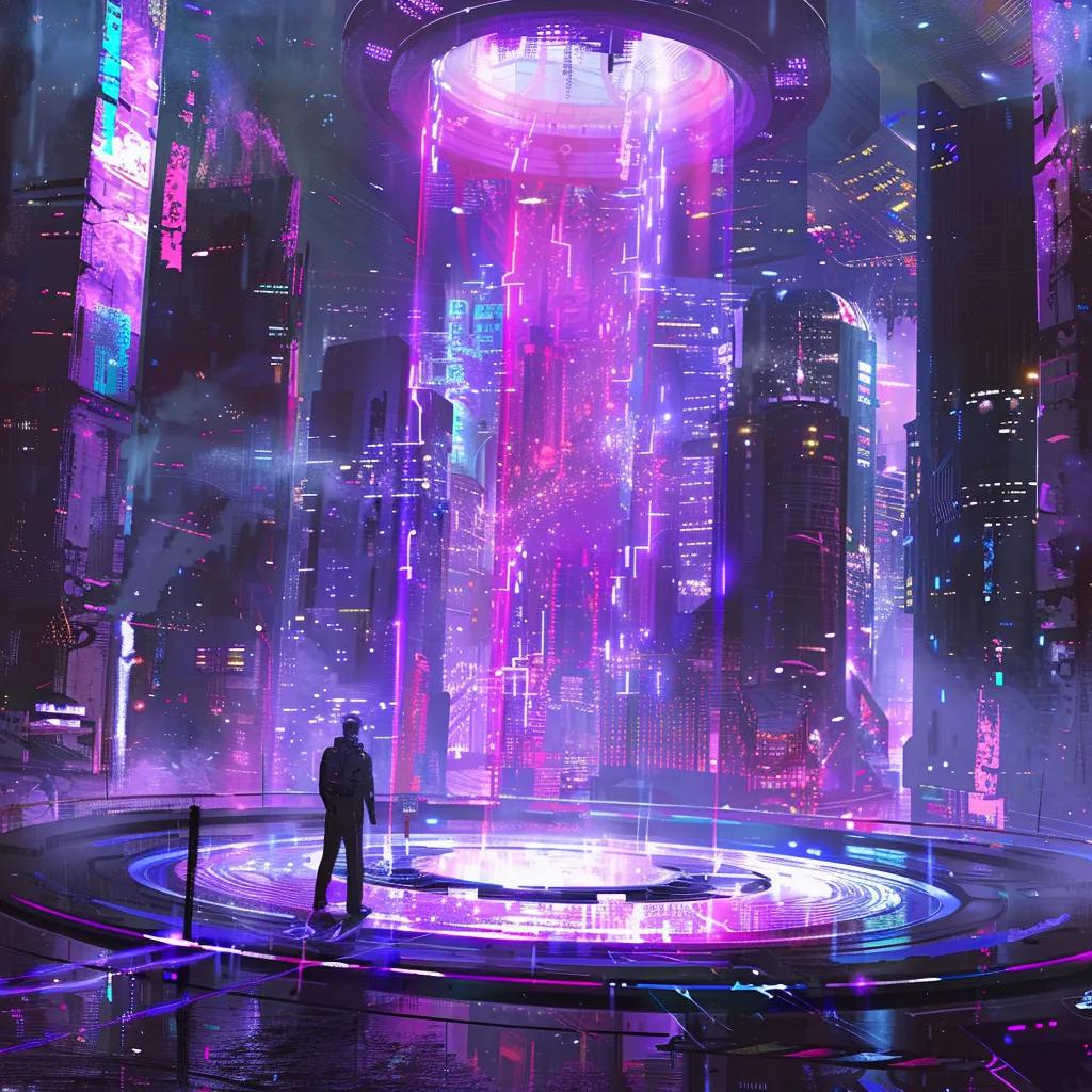 Futuristic cityscape with a glowing portal and figure, illustrating quantum teleportation concepts.