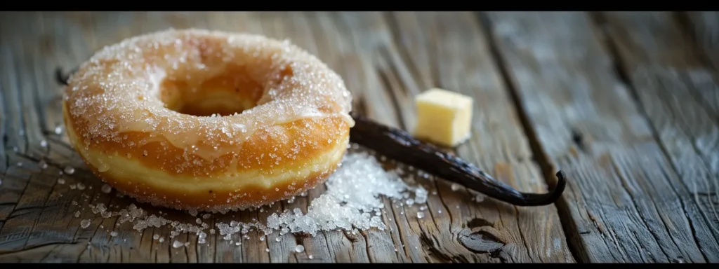 a pristine vanilla bean pod and a stick of dairy-free butter sit atop a wooden table, ready to be used in creating delicious glazed donuts.