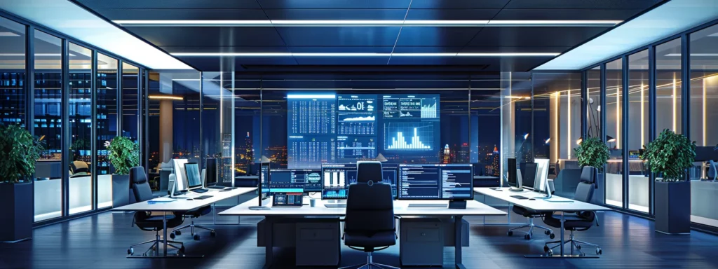 a sleek modern office workspace features a futuristic digital dashboard displaying dynamic analytics, highlighted by dramatic overhead lighting that emphasizes the crisp lines of minimalist furniture.