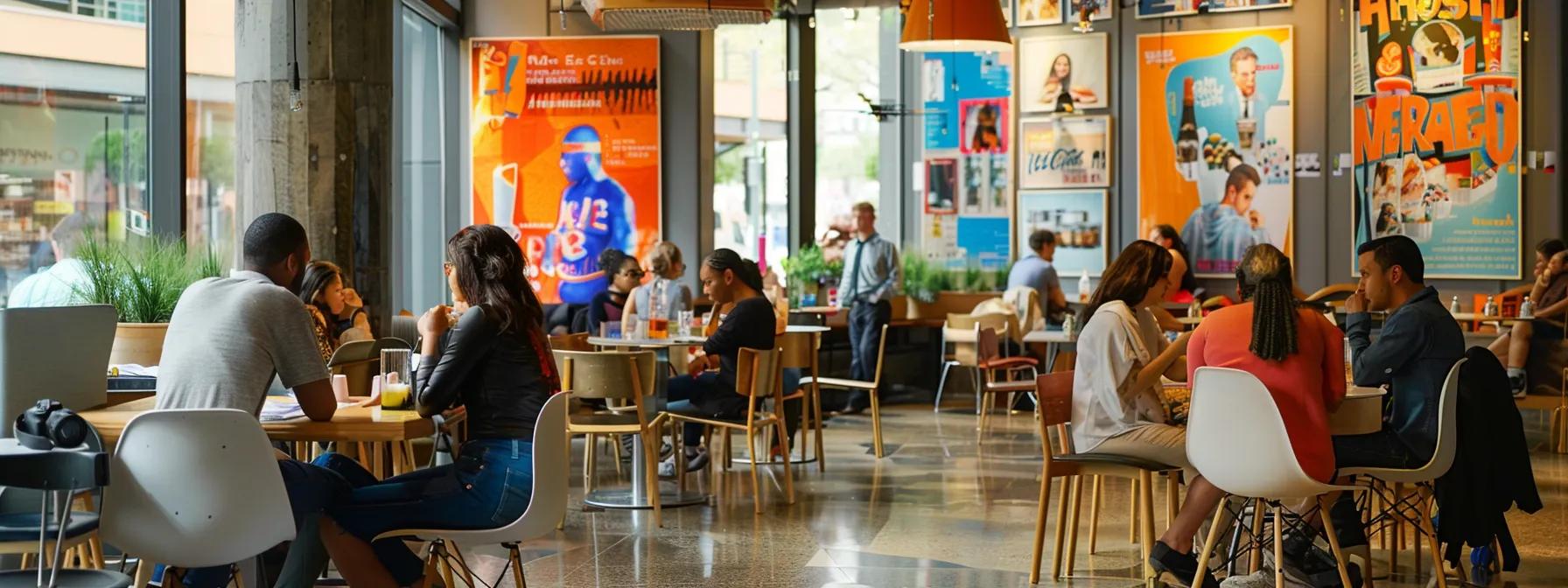 a vibrant urban setting features a modern caf&eacute; with colorful posters promoting liver health awareness, showcasing a diverse group of people engaging in discussions about healthy lifestyle choices while enjoying liver-friendly beverages.