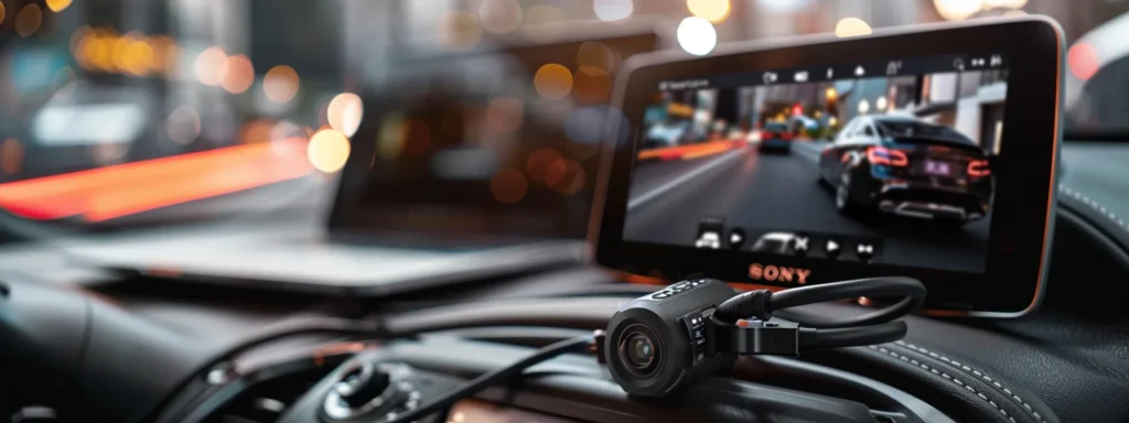 a sleek, modern dash cam plugged into a charger with a laptop displaying firmware updates, set against a backdrop of a car dashboard to maximize battery life.