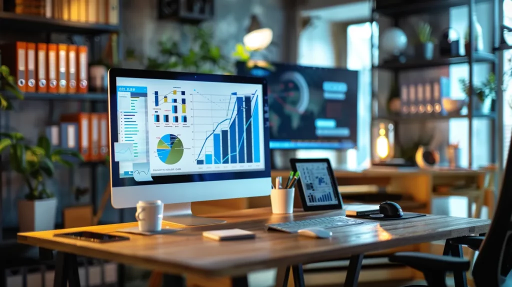 a modern office setting features a sleek desk with a digital display showcasing diverse pricing models, surrounded by analytical charts and infographics, conveying the strategic evaluation of seo investment options.