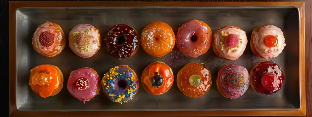 a close-up shot of a tray of homemade donuts with colorful and glossy glaze, sprinkled with various toppings, ready to be served and enjoyed.