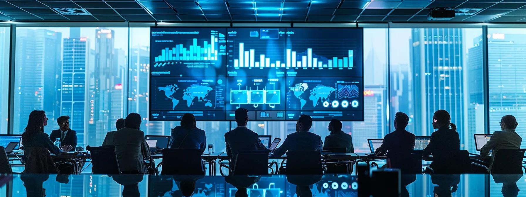 a sleek, modern conference room filled with diverse professionals engaged in a dynamic discussion, surrounded by digital screens displaying data analytics and keyword trends, emphasizing a strategic approach to integrating organic and paid search marketing efforts.