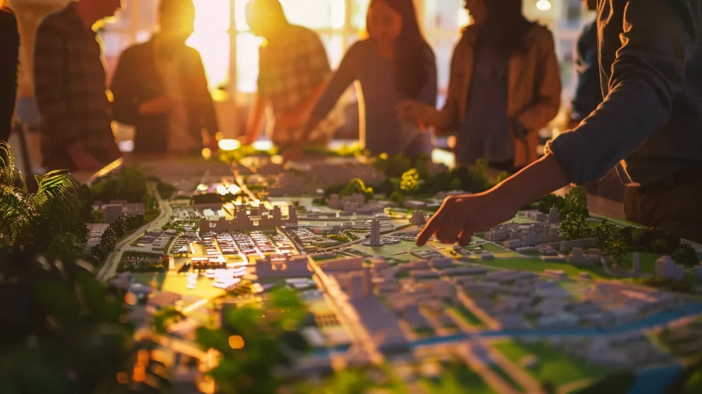 a vibrant urban landscape showcases a diverse group of engaged citizens collaborating on a large community planning map, illuminated by warm sunlight filtering through green trees, symbolizing a sustainable future filled with renewable energy initiatives.