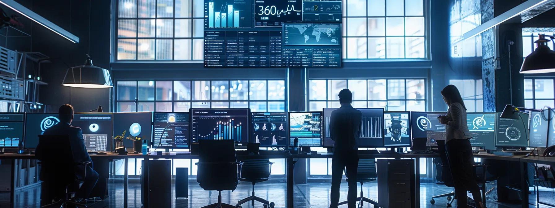 a modern office setting features a sleek digital dashboard displaying integrated organic and paid search metrics, with team members collaboratively discussing strategies over vibrant charts and screens, emphasizing synergy in digital marketing efforts.