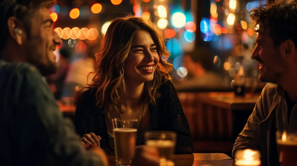 a vibrant pub scene bustling with patrons enjoying exceptional service and engaging in lively conversations, illuminated by warm, inviting lighting that reflects a community-oriented atmosphere, epitomizing effective marketing strategies for customer retention.