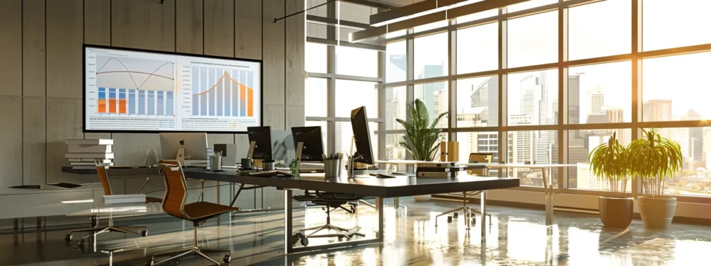 a sleek, modern office workspace is filled with innovative technology, featuring an expansive glass desk, high-end computers, and vibrant digital screens displaying dynamic graphs and charts, all illuminated by focused led lighting.