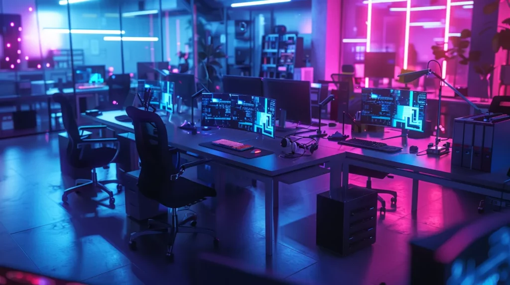 a dynamic urban workspace filled with sleek modern desks, vibrant tech gadgets, and collaborative teams engaged in animated discussions under bright fluorescent lighting.
