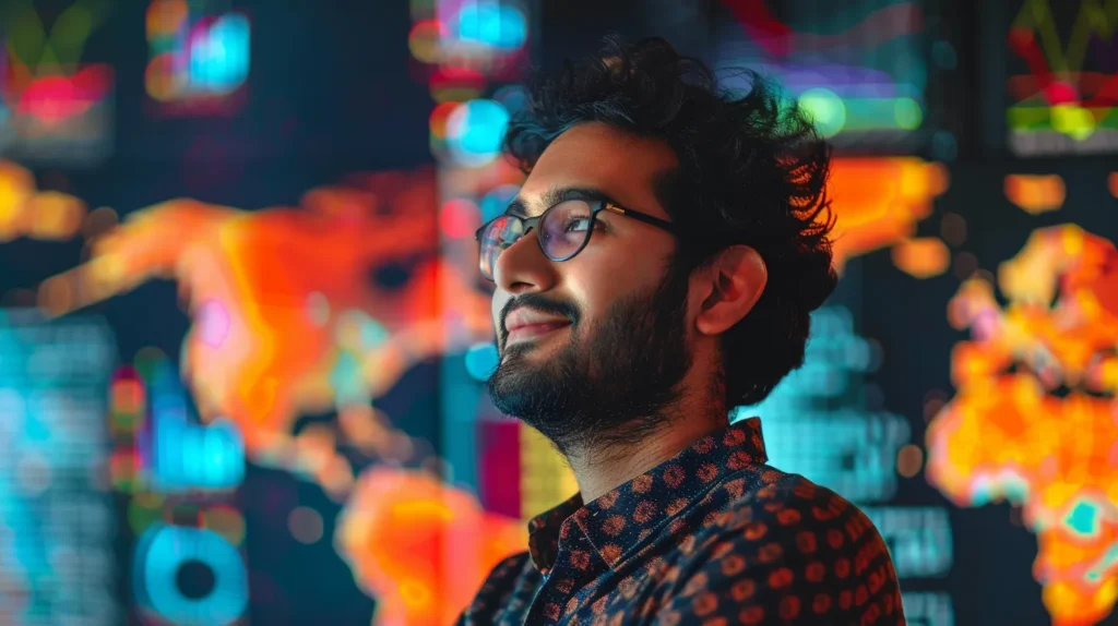 a dynamic portrait of manick bhan, the young founder of search atlas, passionately discussing the power of free seo tools against a backdrop of a vibrant digital landscape, illuminated by ethereal light that highlights rising website graphs and flourishing online traffic.