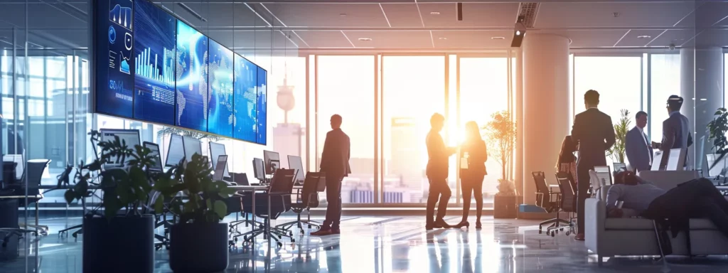 a modern office filled with sleek, futuristic technology and vibrant digital displays, showcasing a dynamic team engaged in collaborative brainstorming under bright, ambient lighting.