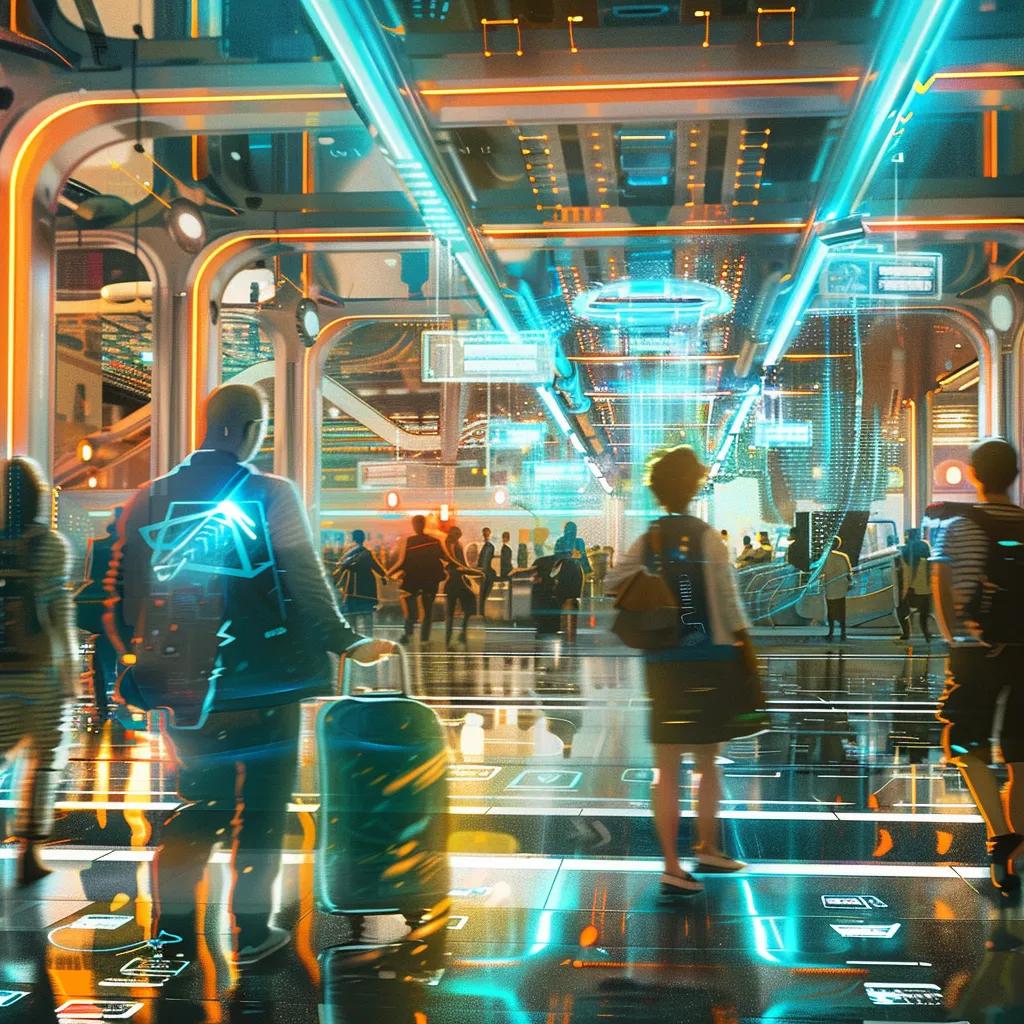 Teleportation station with diverse individuals showcasing the future of travel