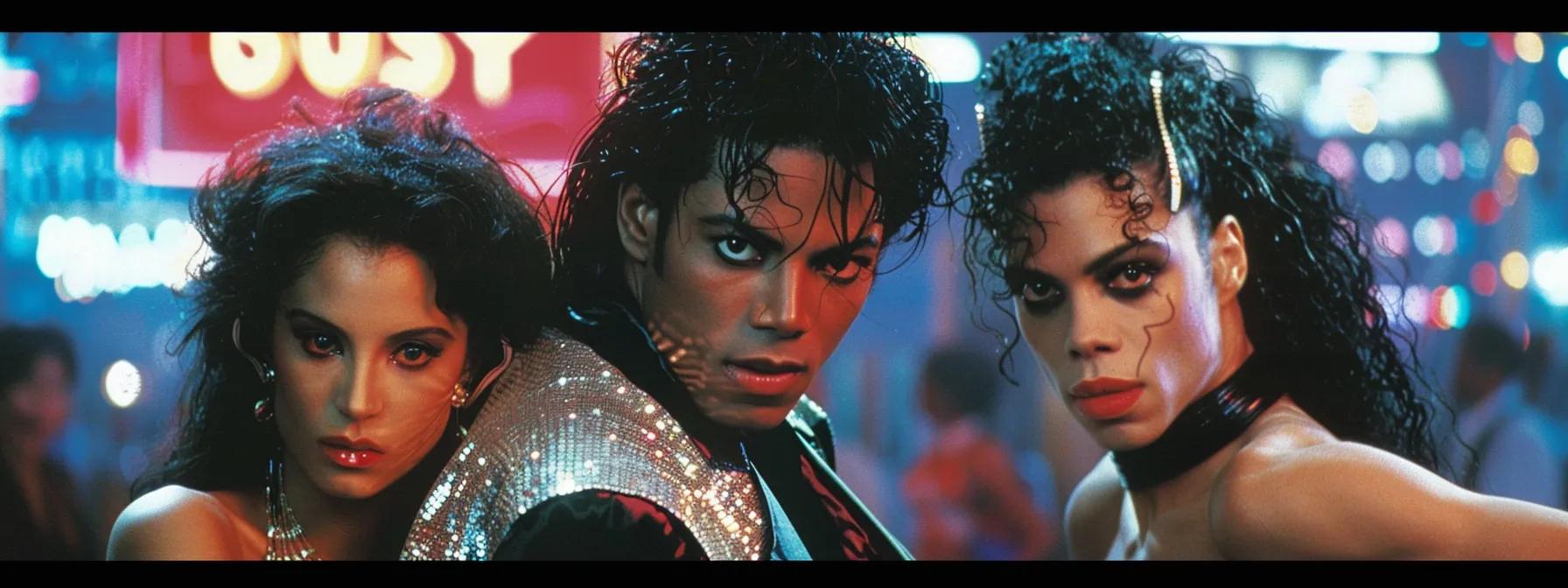 a vibrant collage of iconic 80s musicians, featuring michael jackson in his signature sequined jacket, madonna striking a powerful pose in bold fashion, and prince exuding charisma, all set against a dynamic urban backdrop filled with neon lights and retro music-themed elements.