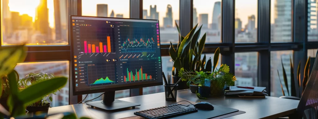 a modern office workspace showcases a sleek computer monitor displaying vibrant graphs and analytics, illustrating the powerful impact of seo.ai on digital marketing performance amidst a backdrop of urban skyscrapers through large windows.