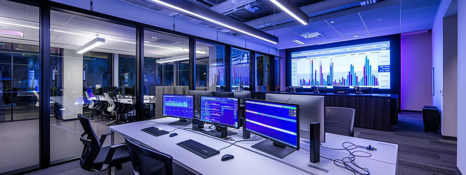 a sleek, modern office workspace showcasing a high-tech computer screen displaying intricate seo analytics graphs and pricing breakdowns, illuminated by focused overhead lighting to emphasise the professional ambiance of digital marketing strategy discussions.