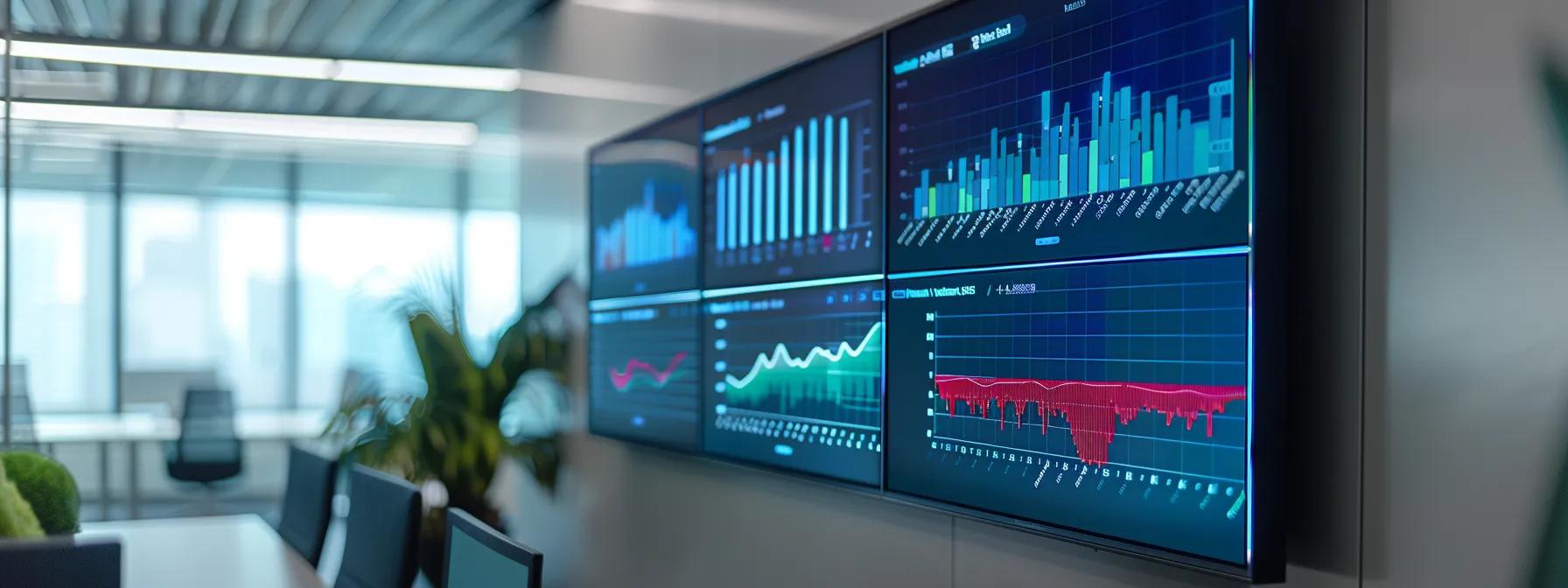 a sleek, modern office environment with a large digital screen displaying analytics graphs and colorful charts, highlighting the synergy between organic and paid search strategies in a visually engaging and informative manner.