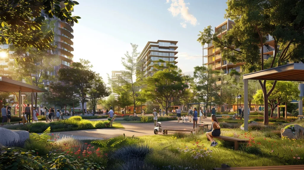 a vibrant mixed-use development bustling with people, featuring modern residential high-rises intertwined with lush green parks and lively commercial spaces, bathed in golden hour sunlight to highlight community interaction and connectivity.