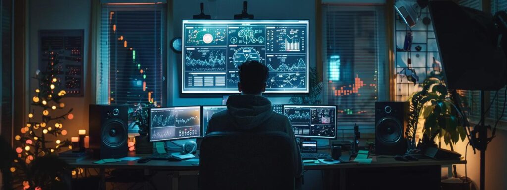 a person analyzing a computer screen displaying a detailed seo performance report with colorful graphs and data visualizations, surrounded by sticky notes with strategy adjustments.