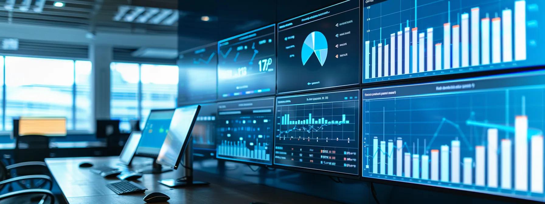 a modern, sleek office workspace features multiple large screens displaying vibrant analytics dashboards, showcasing key performance indicators for search optimization, bathed in bright artificial lighting that highlights the focus on data-driven decision-making.