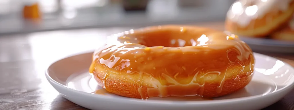 a perfectly smooth and glossy vanilla glaze cascading down a freshly baked homemade donut on a pristine white serving tray.