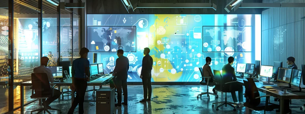 a sleek, modern office environment showcases a diverse group of professionals engaged in collaborative brainstorming, surrounded by digital screens displaying vibrant, ai-driven analytics and multilingual content strategies, emphasizing the transformation brought by searchatlas's automation tools.