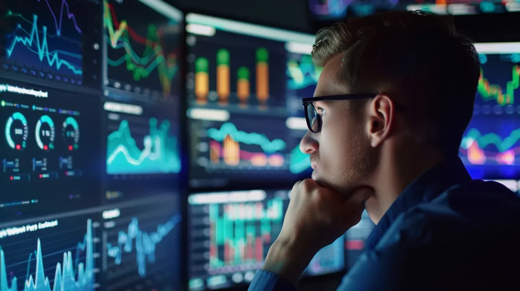 a focused young ceo, surrounded by digital analytics and seo tools, gazes confidently at multiple screens displaying vibrant graphs and performance metrics, symbolizing the strategic mastery of website optimization.