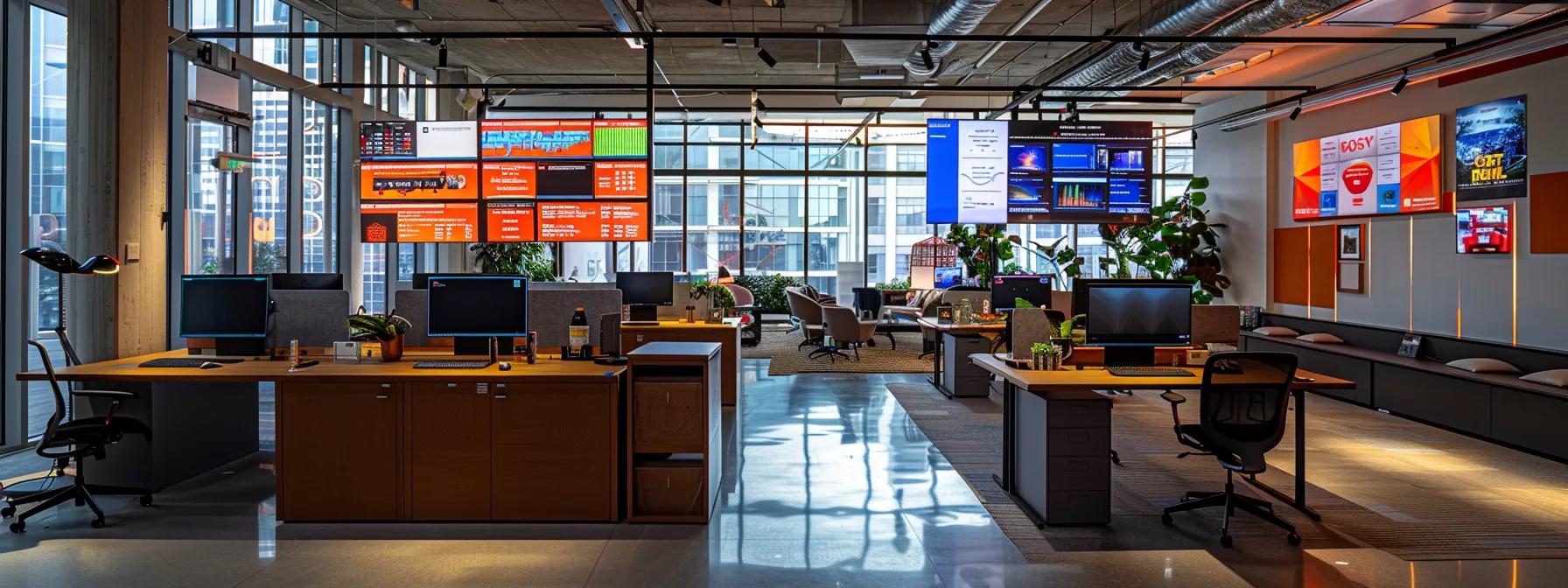 a modern office workspace filled with sleek computers displays dynamic graphs and charts illustrating competitor backlink strategies, with vibrant data visualisations on screens emphasising the importance of semrush and ahrefs in effective link building campaigns.