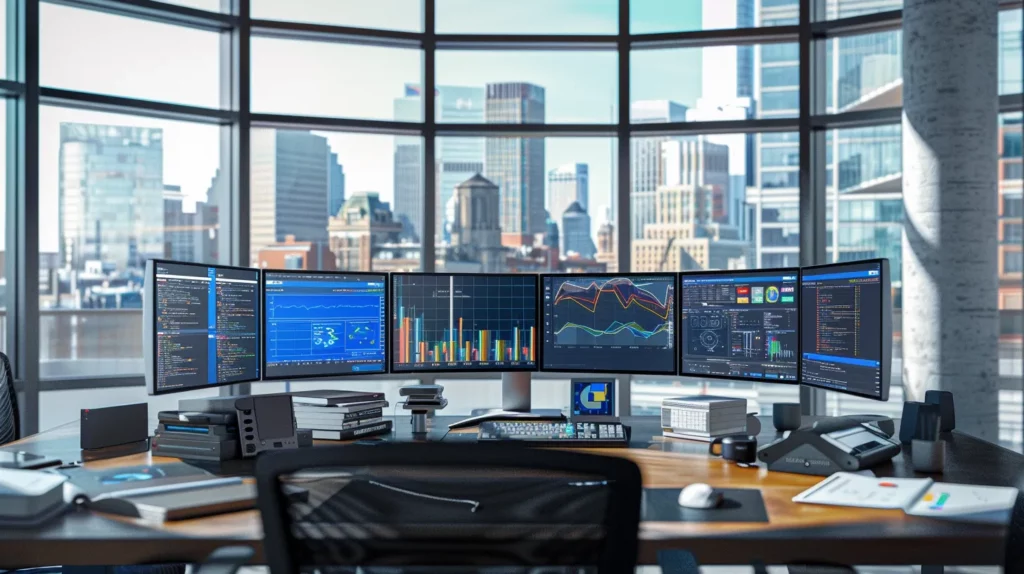 a modern office setting features a sleek desk with multiple monitors displaying vibrant analytics dashboards, illustrating the strategic evaluation of seo objectives and audience engagement metrics amidst a backdrop of bustling urban activity visible through large windows.
