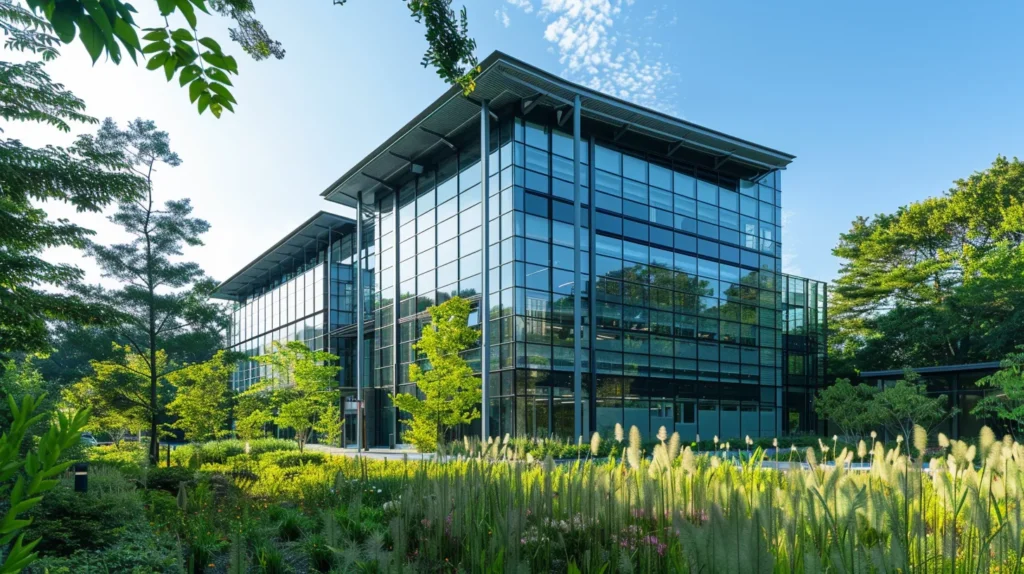 a modern, sustainable building stands proudly amidst lush greenery, showcasing its energy-efficient design and eco-friendly materials under a bright, clear sky, symbolizing a thriving urban environment interconnected with nature.