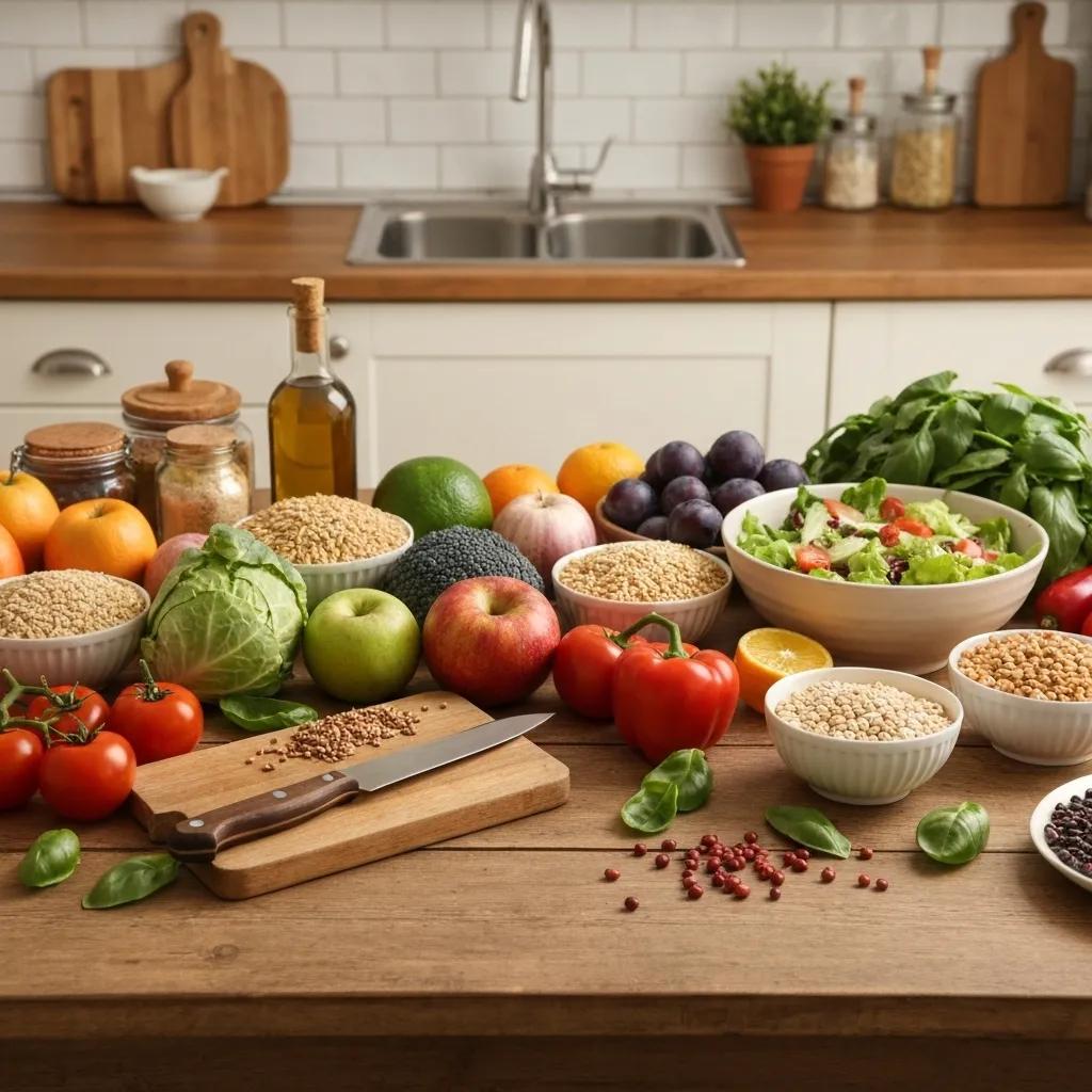 Colorful fruits, vegetables, and grains representing a plant-based diet and healthy nutrition.