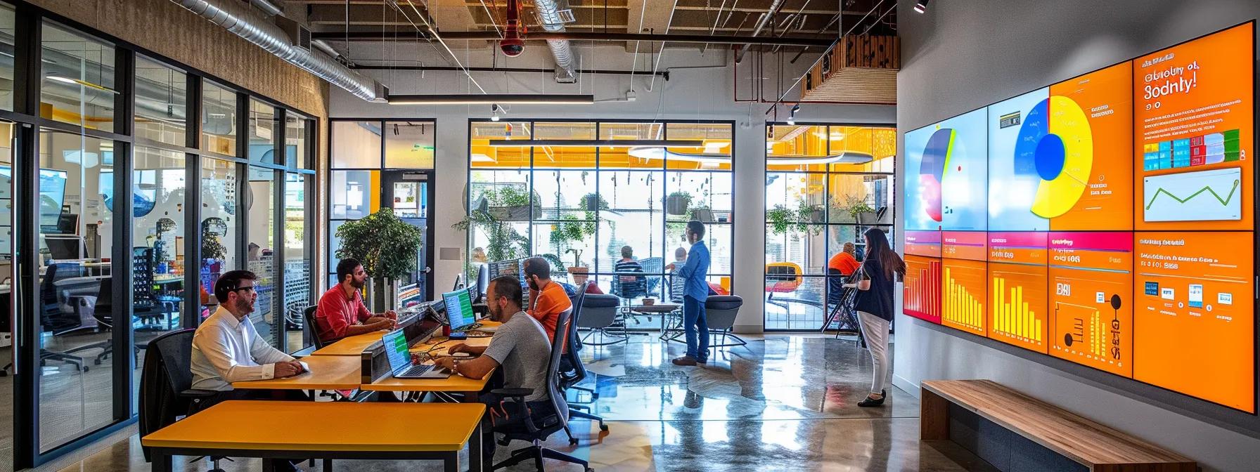 a vibrant office setting showcases a digital marketing team analyzing colorful graphs and data on multiple screens, highlighting the precision of paid search insights and strategic ad performance metrics.