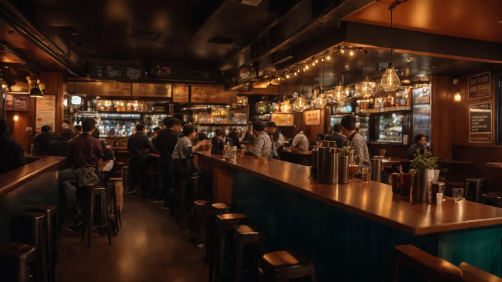 a lively pub interior showcases a vibrant food truck, with patrons enjoying diverse dining experiences and staff efficiently managing the bustling atmosphere under warm, inviting lighting.